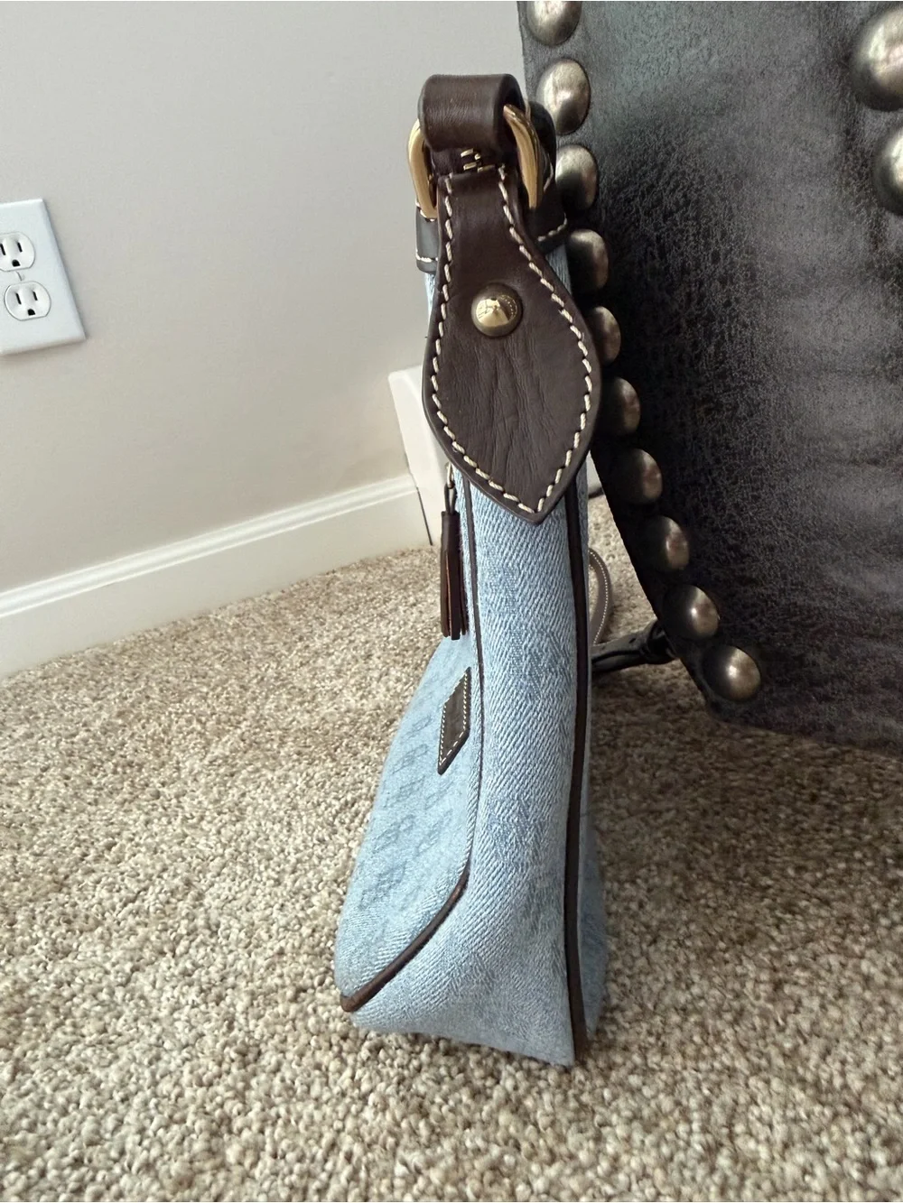 Dooney & Bourke Blue Denim Monogram Crossbody Bag Brown Leather Tassels